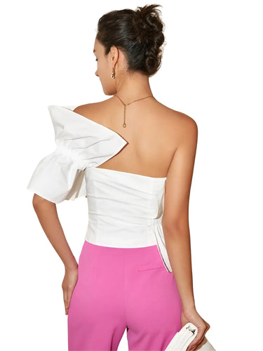Women's One-Shoulder Asymmetrical Top Large Lotus Leaf Edge White Slim Blouse Woman, Drestiny, Blouses, Dress Shirts, One Shoulder, Sleeveless, United States, USA, Canada, Australia, New Zealand, United Kingdom, UK, XS, S, M, L, XL, White, Khaki, Black, Pink, Red, Orange, Lilac, Green, Women's one shoulder top, asymmetrical top women's, off shoulder top women's, single shoulder top, ladies one sleeve top, shopdrestiny.com